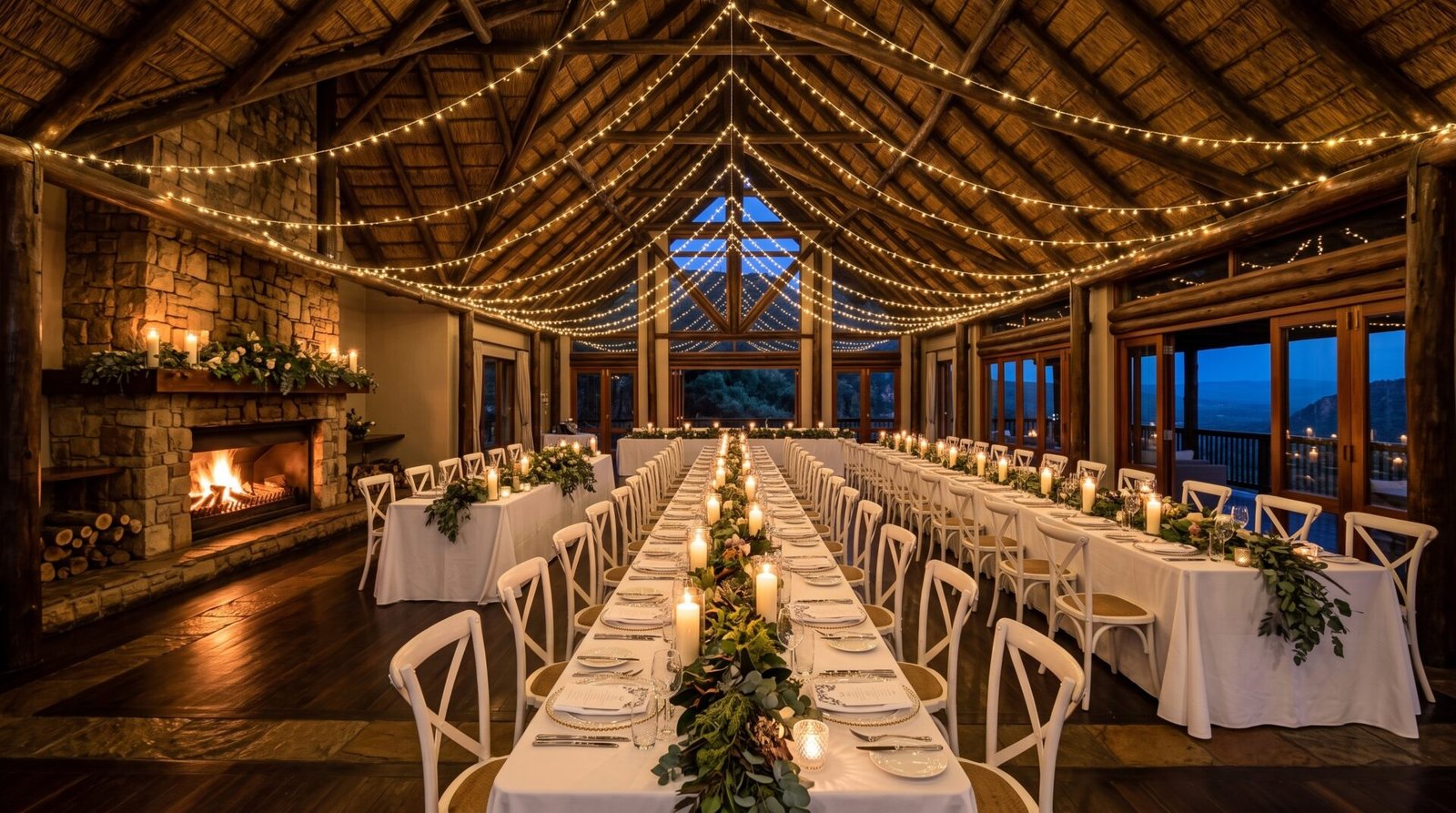 Wedding reception under fairy lights in the thatched hall