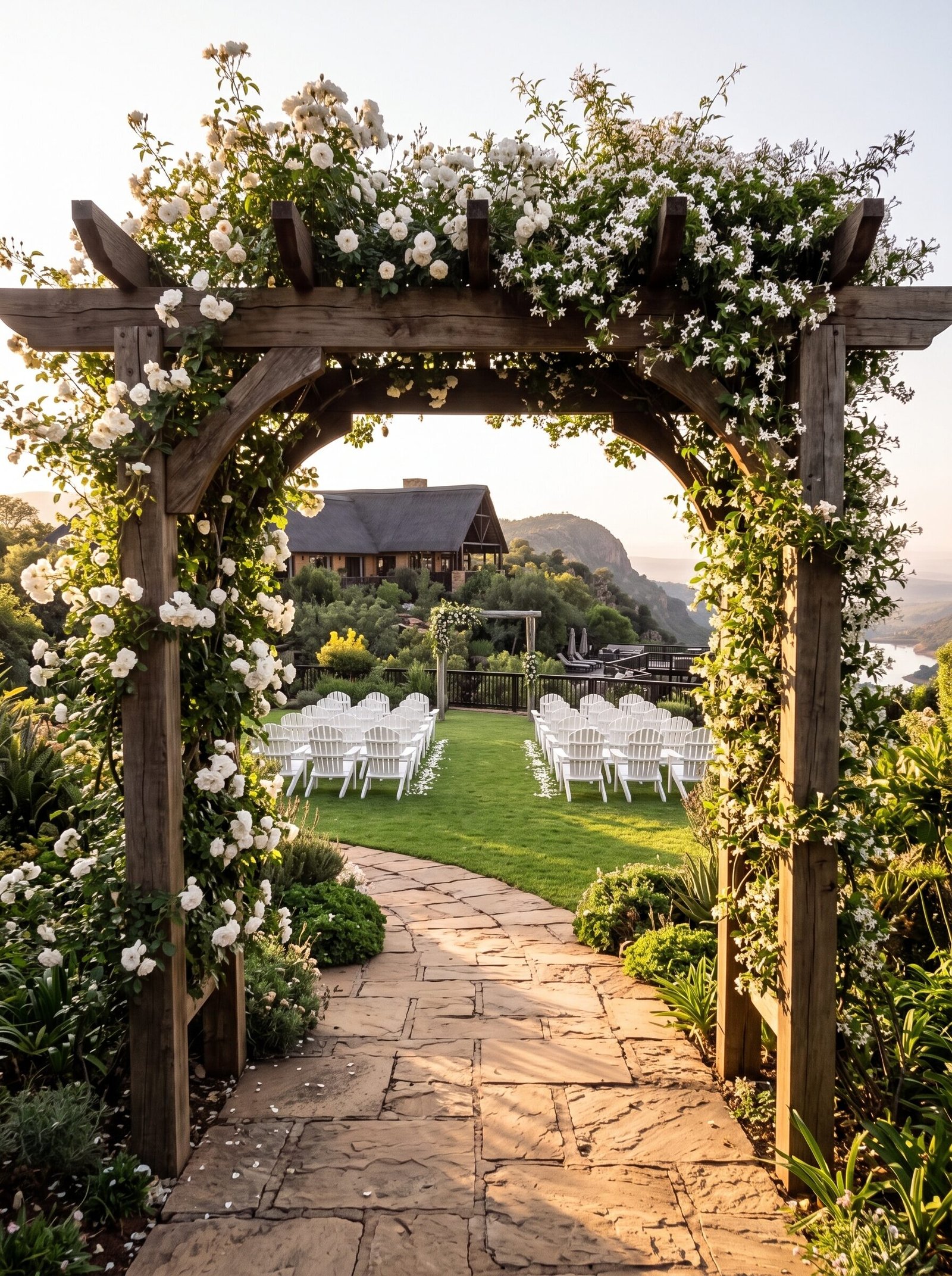 Rose arch walkway leading to a wedding ceremony