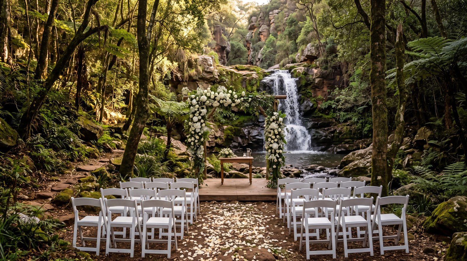 The thatched great hall set with long tables for a wedding